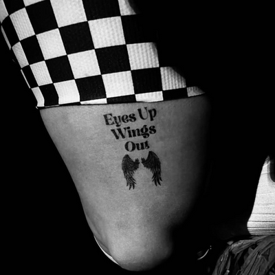 Eyes Up Wings Out Mantra Tattoo